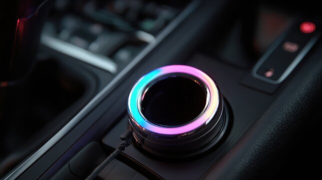 Illuminated car control knob with vibrant purple and blue glowing rings in console