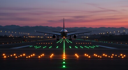 Fototapeta premium Commercial airplane illuminated by runway lights at dusk prepares for takeoff or landing
