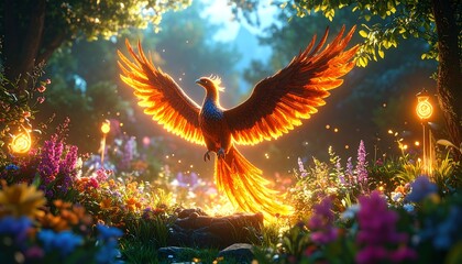 Phoenix bird soars above vibrant floral garden
