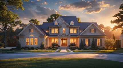 A beautiful luxury house stands bathed in the golden light of early evening.