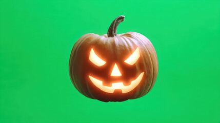 Obraz premium Spooky evil carved face on glowing jack o lantern for Halloween celebration. orange gourd lantern is isolated on solid green screen for chromakey and cutout