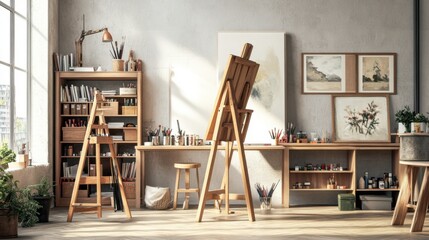 Serene Artist Studio with Easel and Natural Light, A Creative Workspace Haven