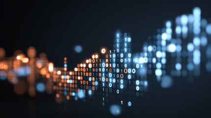 Abstract digital data flow with business graph over binary code. This futuristic concept represents technology, innovation, finance, and global connection with focus on data analysis