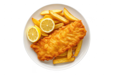 Delicious fish and chips with lemon slices isolated on transparent background