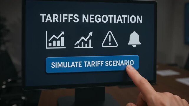 Tariff negotiation computer screen with finger pressing button simulating business scenario office environment for effective negotiation strategies