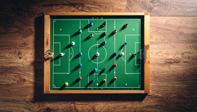 A miniature football strategy board with player figurines illustrating game tactics and team management on a wooden table.