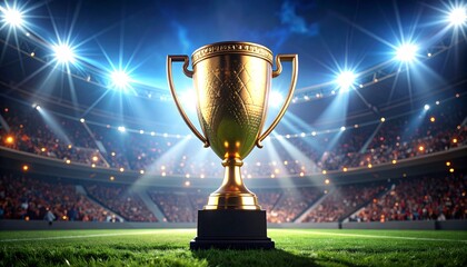 Golden champion's trophy on a stadium field under bright spotlights, celebrating a triumphant victory in a major tournament.