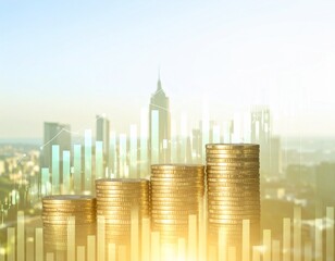 Fototapeta premium Financial investment concept with golden coin stacks and a modern cityscape background showing business growth graphs