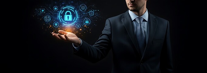 Businessman holding a glowing holographic interface with a padlock icon, symbolizing cybersecurity and digital data protection.
