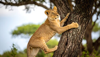 Young lioness skillfully climbs a sturdy tree trunk in her natural habitat