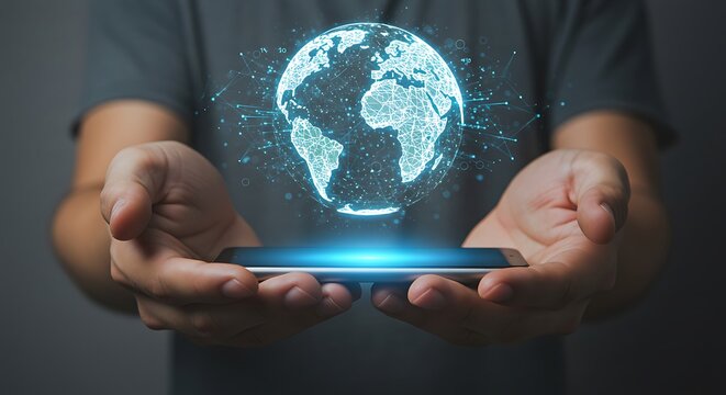 Man holding a smartphone displaying a holographic projection of the Earth, surrounded by a network of glowing dots and lines.