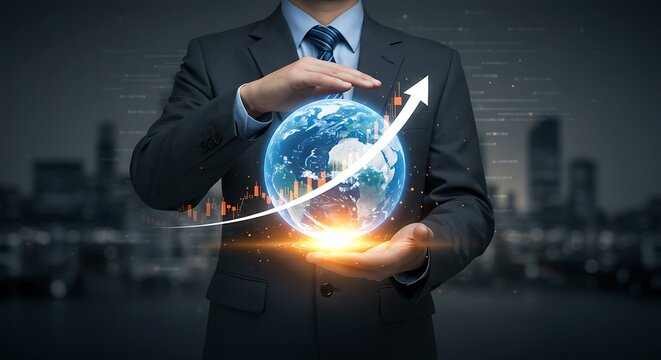 A businessman in a suit protects a glowing globe with a rising arrow, symbolizing global growth and investment in a blurred cityscape background.