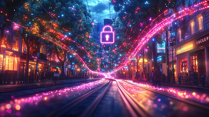 Obraz premium Cyberpunk city street at night, glowing with vibrant neon lights and festive decorations.
