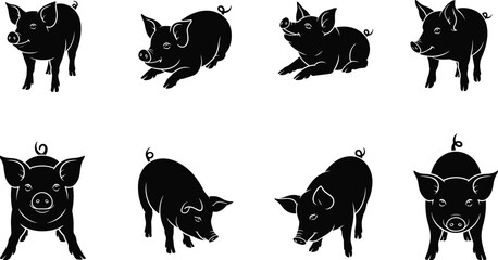 Cartoon pig silhouette collection in different cute poses, black vector farm animal icons, pig front and side view, isolated
