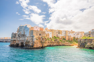 View of Polignano a Mare beach in Italy. Top tourist destinations in Italy. Trip to Europe.