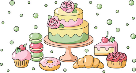 Cute Pastel Dessert Collection Vector Illustration - Sweet Bakery Treats Including a Tiered Cake, Cupcakes, Macarons, and a Donut for Festive Designs