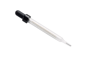 Professional scientific pipette featuring black grip, transparent graduated cylinder with volume markings for accurate liquid measurement, isolated on a transparent background