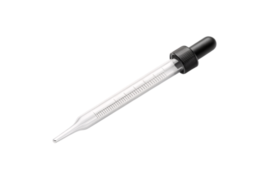 Medical laboratory dropper with black rubber bulb, clear glass tube, and fine metal tip for precise liquid dispensing, isolated on a transparent background