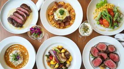 Gourmet Dishes on Elegant Plates with Wine Glass and Fresh Ingredients