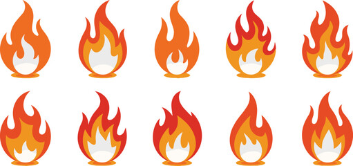 Colorful Fire and Blaze Vector Collection: Flat Design Illustrations with a Variety of Flame Shapes for Hot, Heat, and Burning Concepts.

