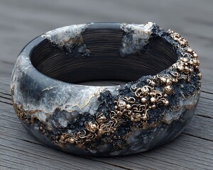 Celestial ring map etched into obsidian with luminous planetary nodes