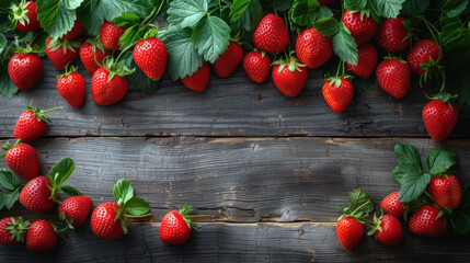 Fresh ripe strawberries arranged on a rustic dark wood table, a sweet and juicy summer delight.