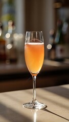 A Bellini cocktail in a flute glass with a delicate pink hue, placed on a bar counter. The soft light creates a warm and inviting ambiance.