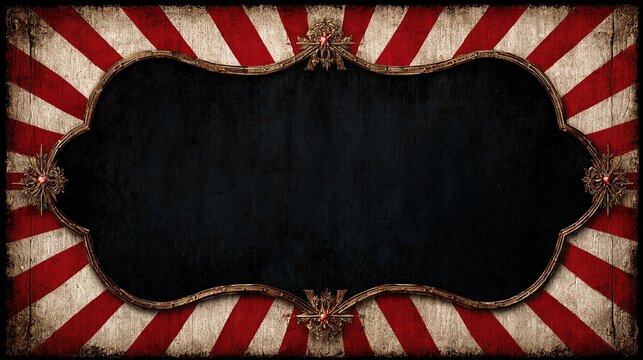 A vintage-style background features red & white stripes around a black, ornate, wooden sign with decorative accents