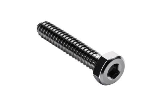 Socket head cap screw with Allen key drive and polished finish, isolated on a transparent background