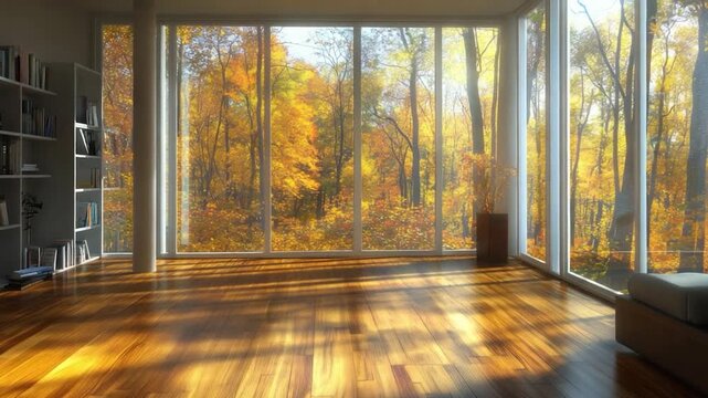 Autumnal room with large windows overlooking a forest