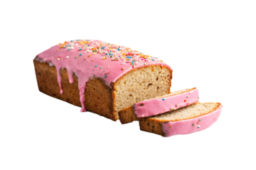 Sliced pink frosted pound cake with colorful sprinkles showing golden interior texture, isolated on a transparent background