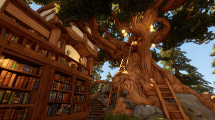library inside a tree with glowing books and suspended ladders floating in mid-air