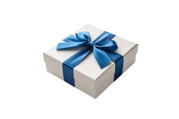 Obraz premium White gift box with elegant blue satin ribbon bow tied around it perfectly, isolated on a transparent background