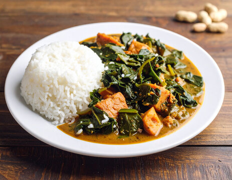 A plate of Mozambican matapa stew made with cassava leaves, coconut milk, and peanuts, served with steamed rice.