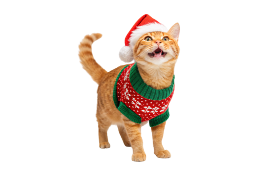 Orange tabby cat in red snowflake Christmas sweater with Santa hat, mouth open in excited expression, isolated on a transparent background