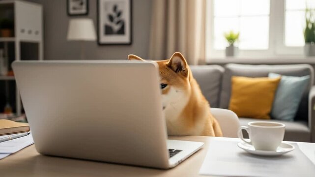 Adorable shiba inu dog focused on laptop in a cozy home office setting