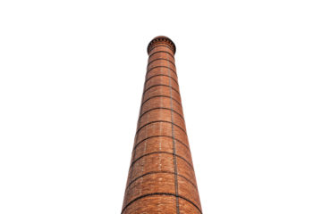 Tall red brick industrial chimney with horizontal black bands photographed from below against gray sky, isolated on a transparent background
