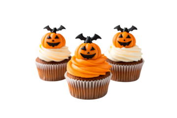 Three Halloween cupcakes with orange and white frosting topped with jack-o-lantern faces and black bat decorations, isolated on a transparent background