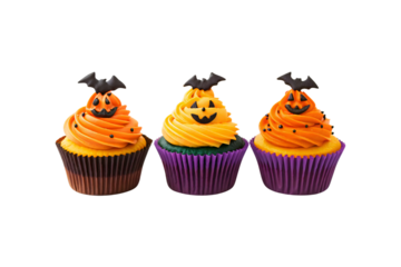 Three Halloween cupcakes with orange gradient frosting, jack-o-lantern faces, black bat toppers, and purple paper liners, isolated on a transparent background