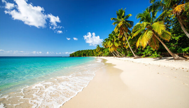 The stunning, untouched beaches of Vilanculos, with clear turquoise waters and swaying palm trees under a bright sun.