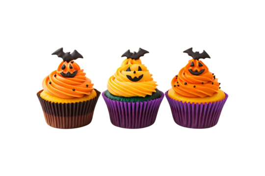 Three Halloween cupcakes with orange gradient frosting, jack-o-lantern faces, black bat toppers, and purple paper liners, isolated on a transparent background