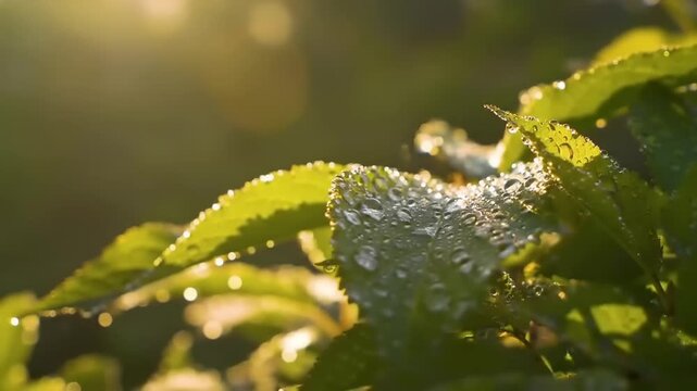 Close-up of dewy green leaves glistening in sunlight, showcasing nature's beauty and freshness