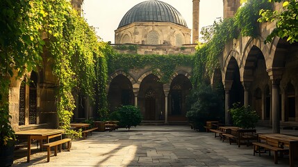 Traditional madrasa courtyard filled with climbing ivy, wooden benches, and a central dome in aged stone tiles glowing in late sun 