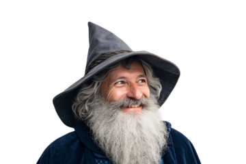 Happy bearded man in gray pointed wizard hat looking up with joyful expression, isolated on a transparent background