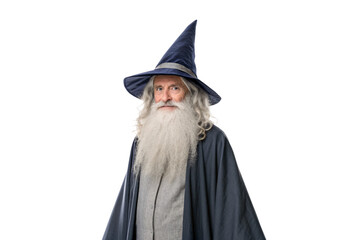 Serious elderly wizard with long white beard wearing dark pointed hat and cloak, isolated on a transparent background
