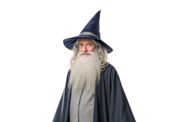 Serious elderly wizard with long white beard wearing dark pointed hat and cloak, isolated on a transparent background