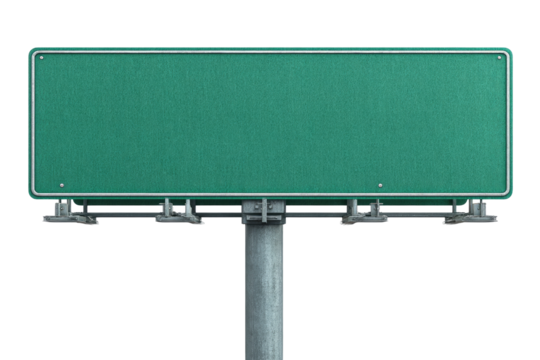 Empty teal roadside billboard.  Metal post supports large, blank sign