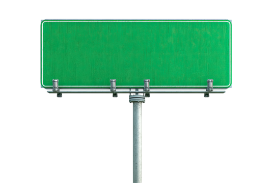 Blank, green highway sign mounted on a metal pole