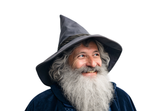 Happy bearded man in gray pointed wizard hat looking up with joyful expression, isolated on a transparent background