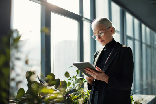 Middle-aged Caucasian business woman analyzing data from a presentation on her tablet, preparing a strategy for an upcoming meeting, dressed in a sleek black blazer, the office modern with minimalist
